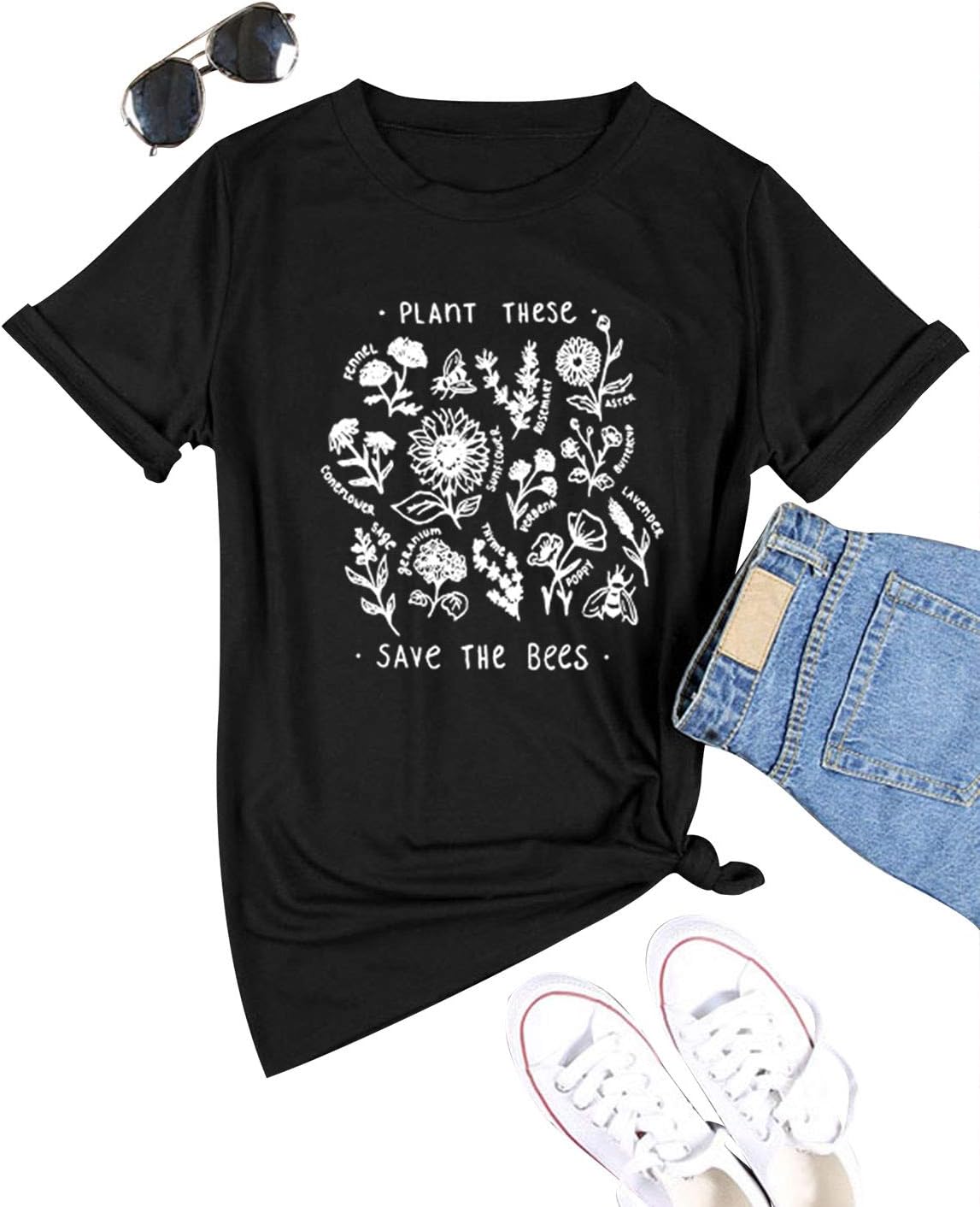 Women Plant These Save The Bees T-Shirt Crew Neck Short Sleeve Tee Bee Top Graphic T Shirt
