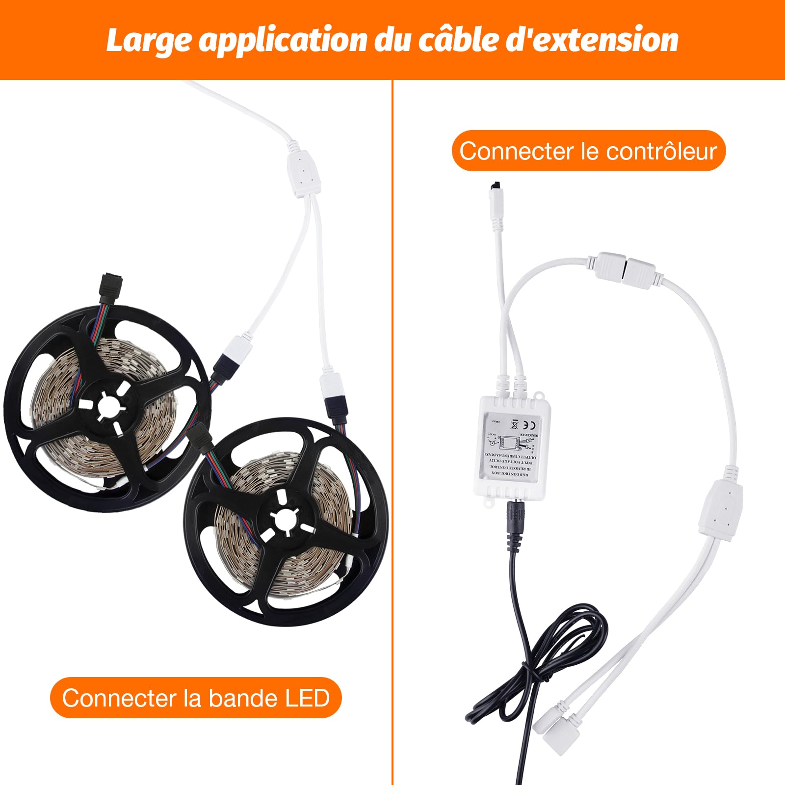 REDTRON Kit de connecteurs pour ruban LED 4 Broches Diviseur 1 à 2 Câble Accessoires DIY 5050 3528 2835