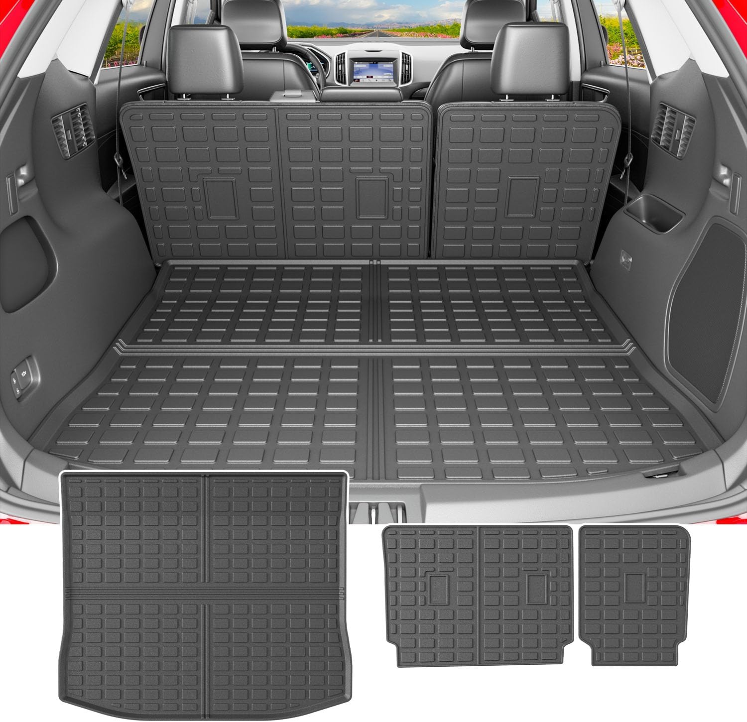 powoq Trunk Mat Compatible with 2015-2024 Ford Edge Cargo Liner Backrest Mat TPE Seat Back Protector (Only for 5-Seater) Replacement for 2015-2024 Ford Edge Accessories (Trunk Mat+Backrest Mat)