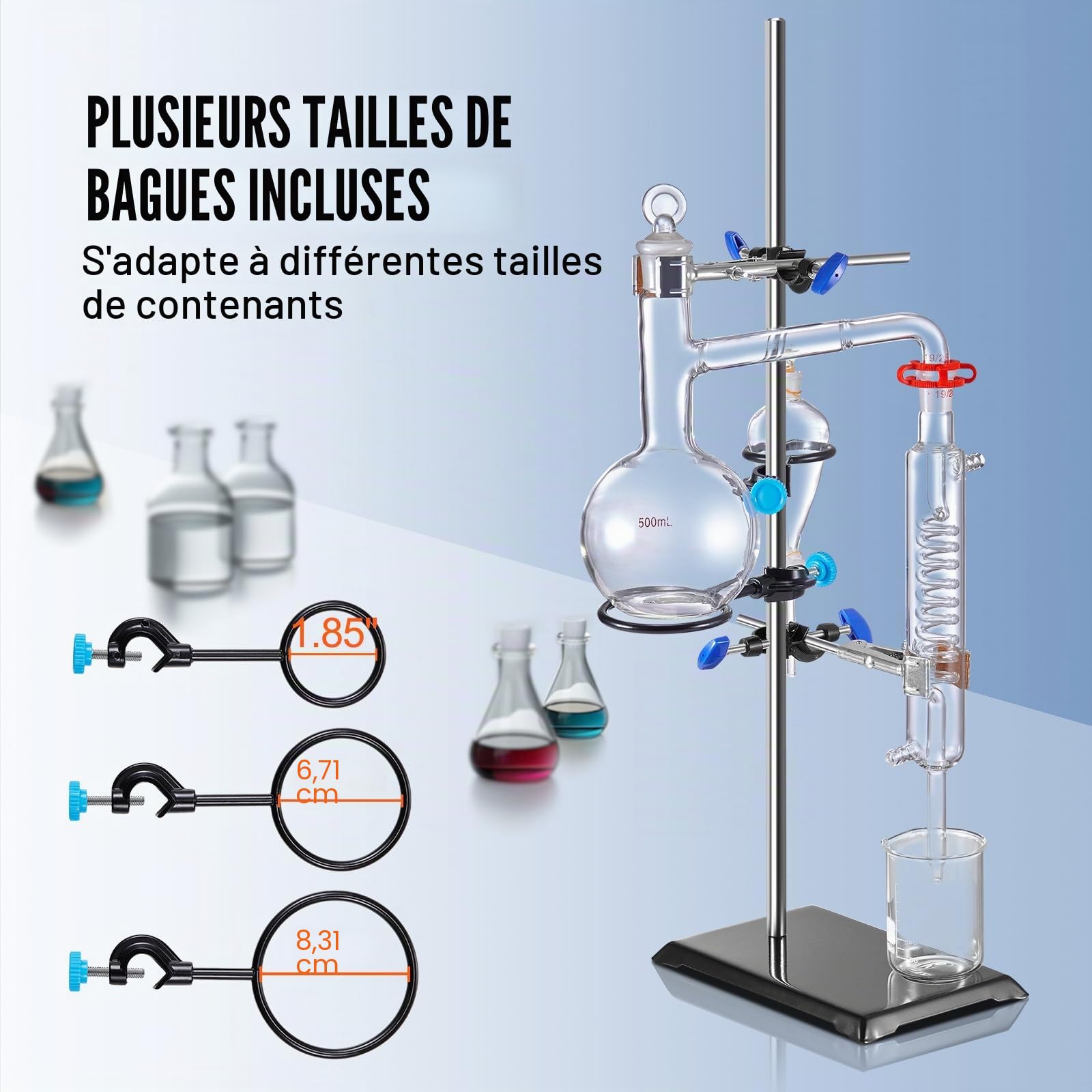 VEVOR Support de Retort Laboratoire 6 Pinces 3 Cerceaux, Kit de Support Lab 60CM, Base Stable pour Verrerie Chimique