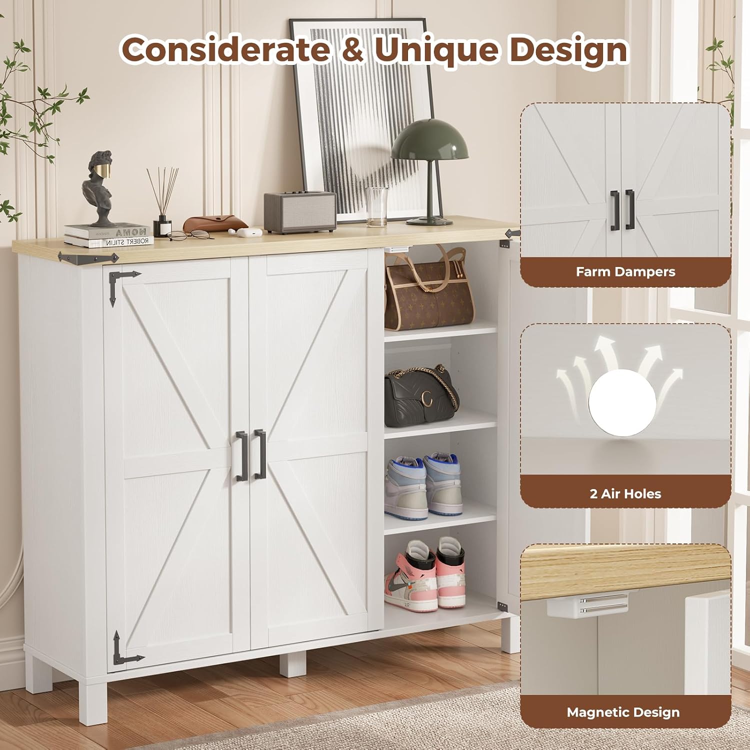 5-Tier Shoe Storage Cabinet, Farmhouse Shoe Rack Organizer Cabinet with 4 Adjustable Shelves & Side Cabinets, Freestanding Shoe Cabinet Storage with Anti-tip Fitting for Entryway, 47.3L×13.7W×40.7H