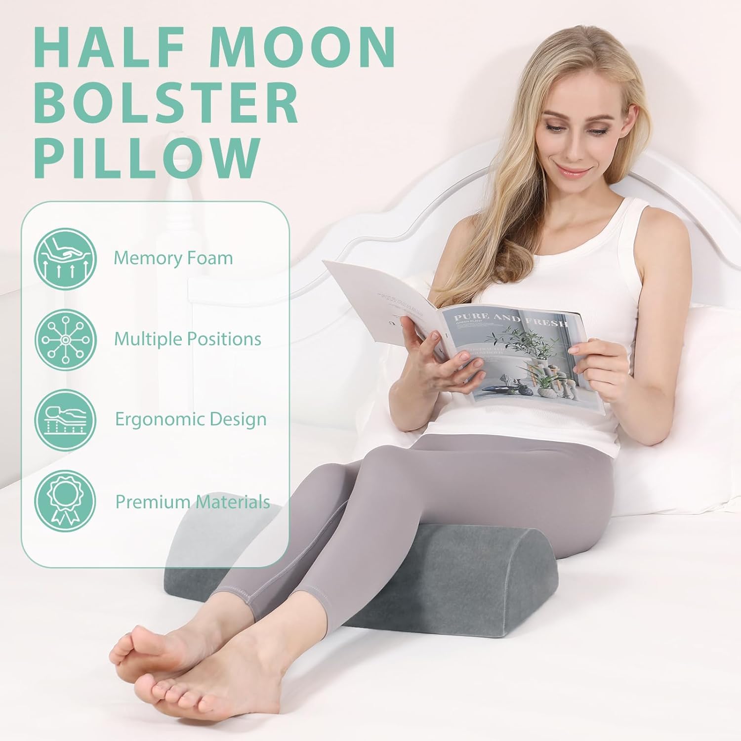 Half Moon Pillow, Memory Foam Leg Pillows for Sleeping Boster Pillow for Legs Knee Lumbar Support, Semi Roll Pillow for Ankle Rest and Foot Comfort, 2 Pack