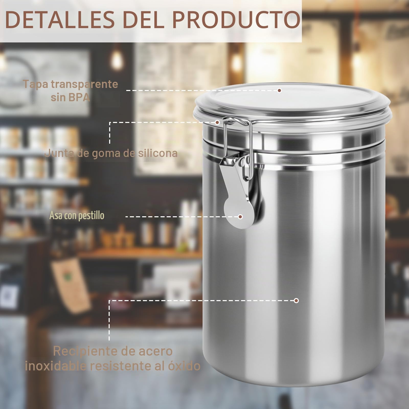 2 latas de café herméticas con tapa, 1,8 L, recipiente de acero inoxidable, para granos de café, recipiente para moler, granos, té, harina, cereales y azúcar (plata)