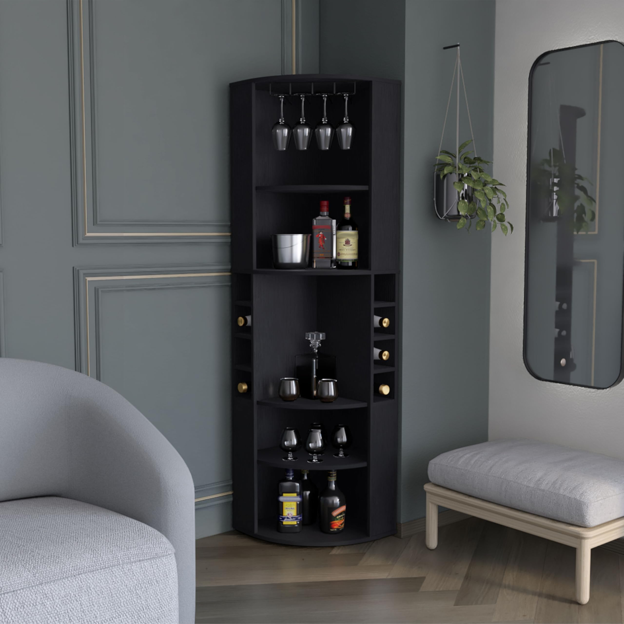 71" Corner &amp; Steamware Bar Cabinet, Bistro Cabinets with 8 Bottle Cubbies, Pantry Cabinet with 5 Spacious Shelves for Home Bars, Black