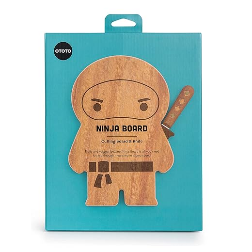 OTOTO – Ninja Board – Kleines Schneidebrett und Messer Set – Küchengeschenk zum Schneiden von Obst und Gemüse – Brett aus Holz und Messer aus Edelstahl – Maße – 25,4 x 17,8 x 1,5 cm