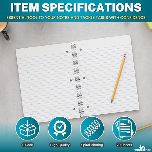 Miniatura 9 de 1InTheOffice Cuaderno de espiral con rayas universitarias de 10.5 x 7.5 pulgadas, cuadernos de 1 materia, cuadernos de espiral encuadernados con