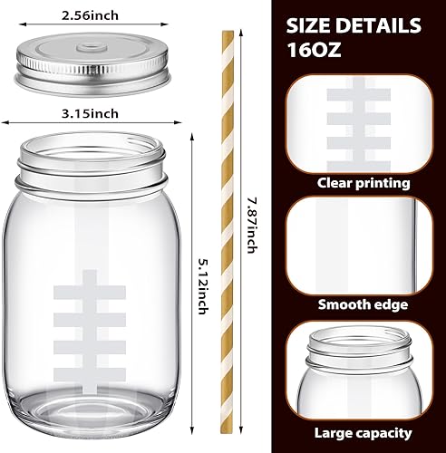 Miniatura 3 de Maxcheck 6 tarros de vidrio para fanáticos del fútbol con popote y tapa, tazas de vidrio de 16 onzas, taza de café de fútbol sin tallo, regalos de