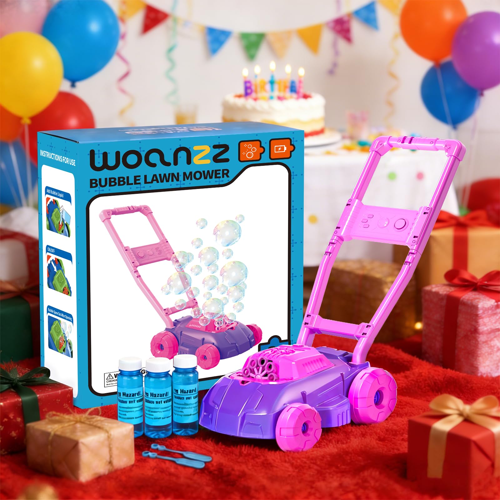 Rasenmäher Seifenblasenmaschine Kleinkinderspielzeug, Sommer Outdoor Spielzeug Spiele, Seifenblasenmaschine für Kleinkinder Vorschulkind Jungen Mädchen Geburtstag, Rosa