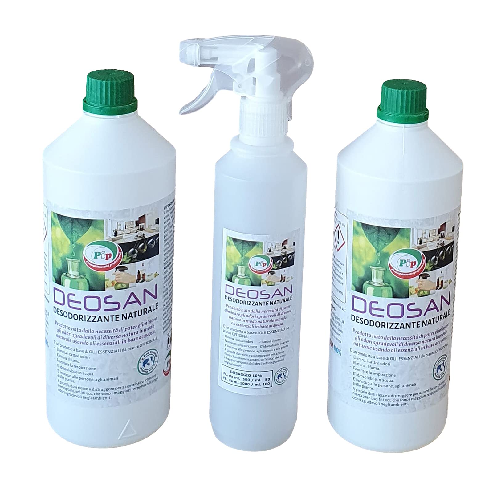 PIP Detergente Elimina Odori Deosan, Desodorizzante Naturale, Assorbiodori Professionale, Profumambiente, Naturale Mangiaodori, Ottimo nei Nebulizzatori, Flacone + Vaporizzatore