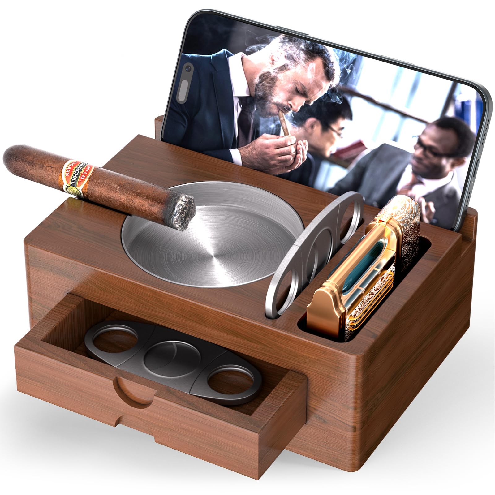 Wooden Cigar Ashtray with Lighter Slot & Accessories Drawer - 3-in-1 Cigar Holder Tray for Outdoor, Home Bar, Patio, Office Use - Cigar Gift Set for Men, Elegant Decoration Suitable (Brown)