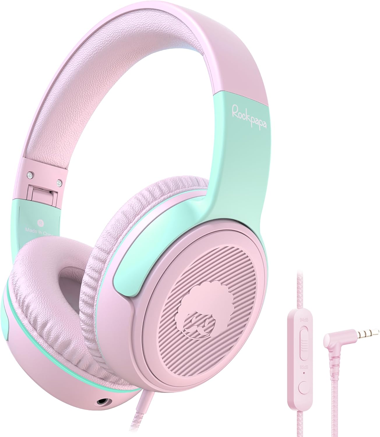 rockpapa Share 1 Kids Headphones Wired with Microphone & Share Port, 85dB/94dB Volume Limited, Cute Foldable Student Child Boys Girls Headphones for School/Travel Green/Yellow+Pink/Green