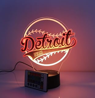MIRROR MANIA American Pro Baseball Sports Fan Team Sports Themed Ball Lamp Night Light LED Personalized Free Name Room Man Cave Decor 16 Colors & Remote, Made in America! (Detroit)