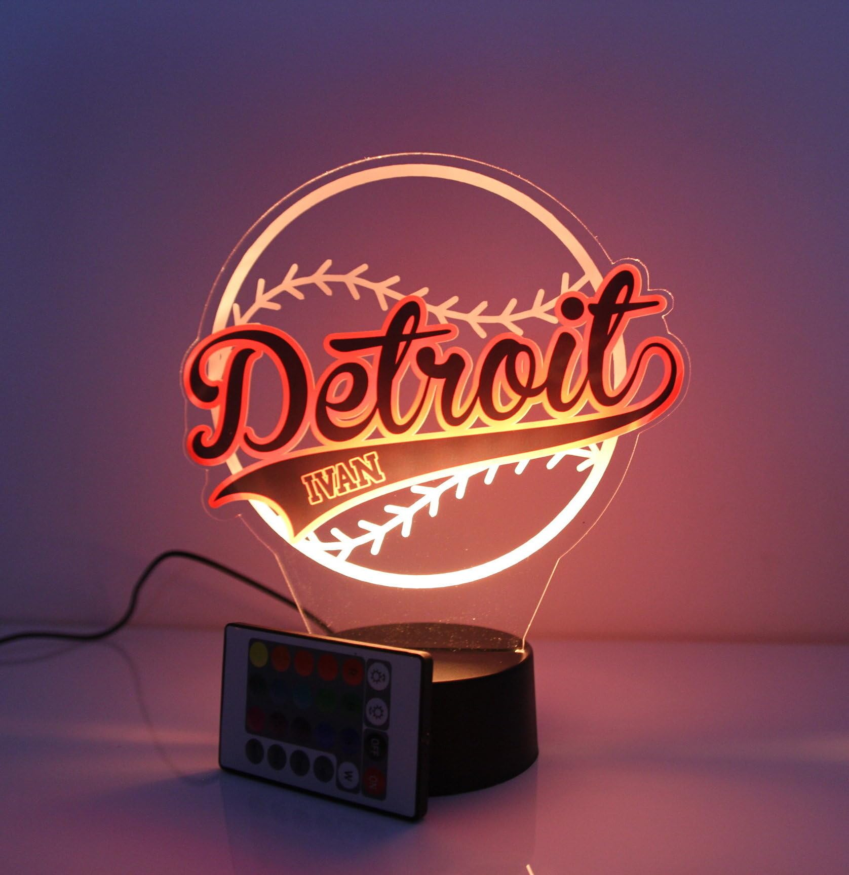 MIRROR MANIA American Pro Baseball Sports Fan Team Sports Themed Ball Lamp Night Light LED Personalized Free Name Room Man Cave Decor 16 Colors & Remote, Made in America! (Detroit)