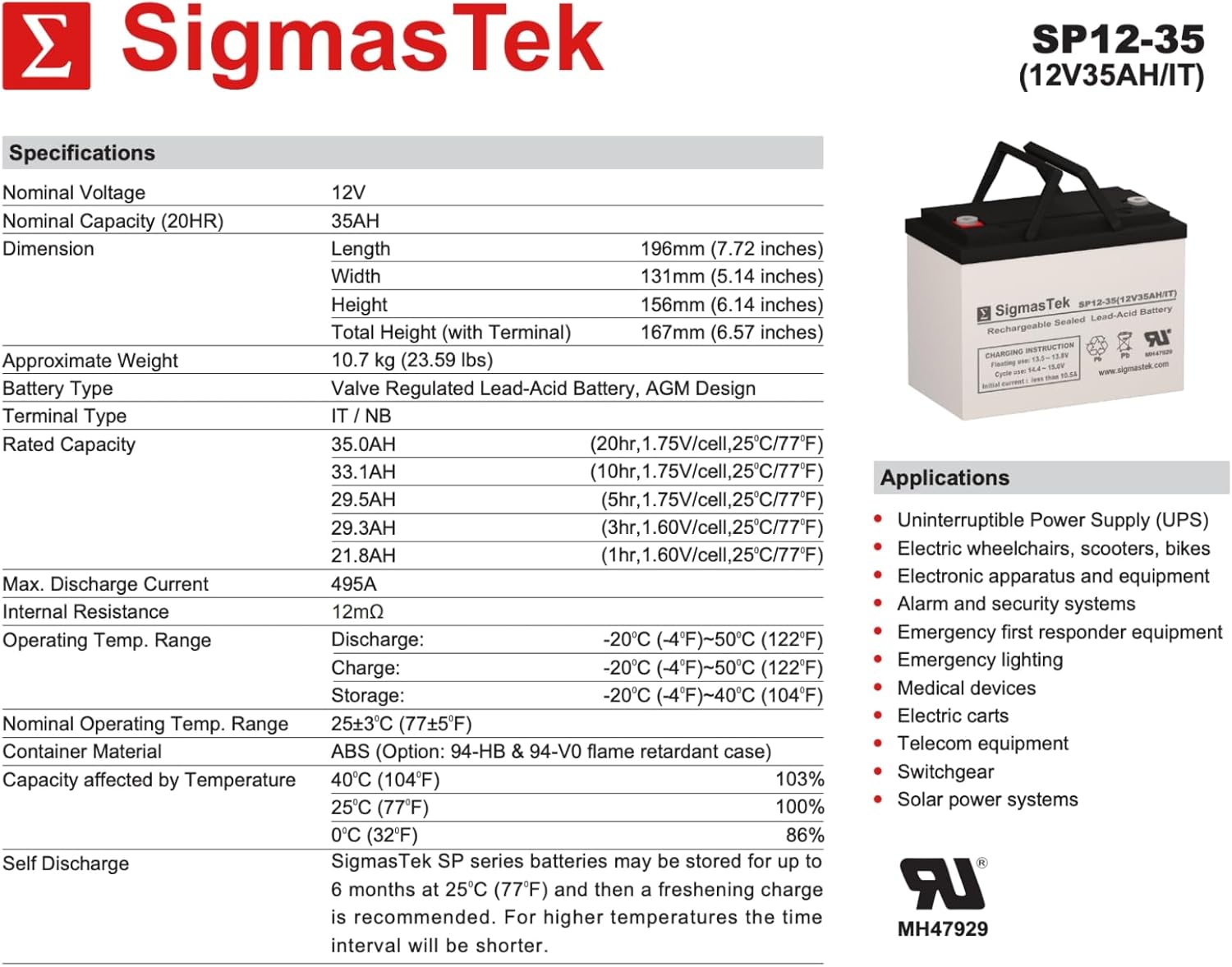 SigmasTek C&D Technologies DCS-33IT Compatible Battery, 12V 35Ah IT U1 SP12-35 (IT)