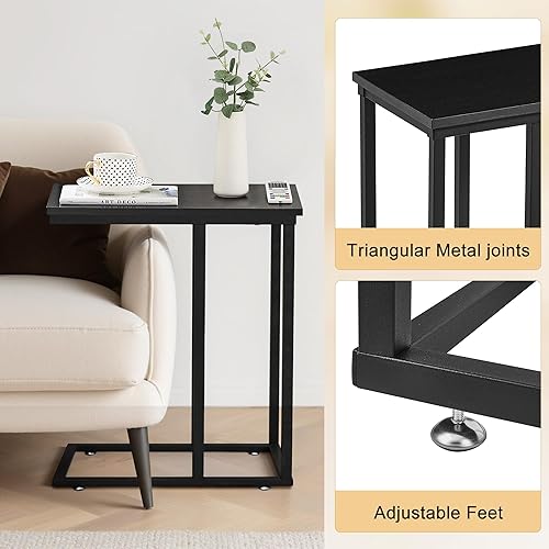 Miniatura 10 de VECELO Mesa auxiliar en forma de C para sofá y cama, bandeja de TV para sala de estar, dormitorio, 2 unidades, color negro