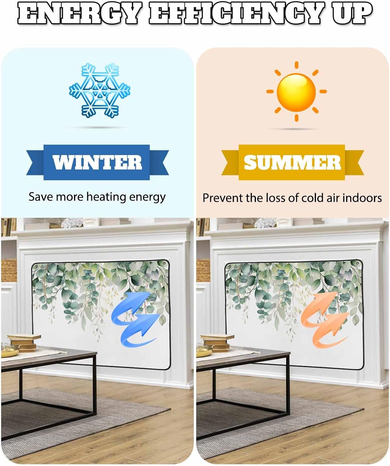 Sage Green Eucalyptus,Magnetic Fireplace Cover Decorative Indoor For Brick Fireplace,Insulation Fireplace Blocker Blanket Draft Stop Hot Heat,Contemporary White Botanical Watercolor 39"Wx32"H