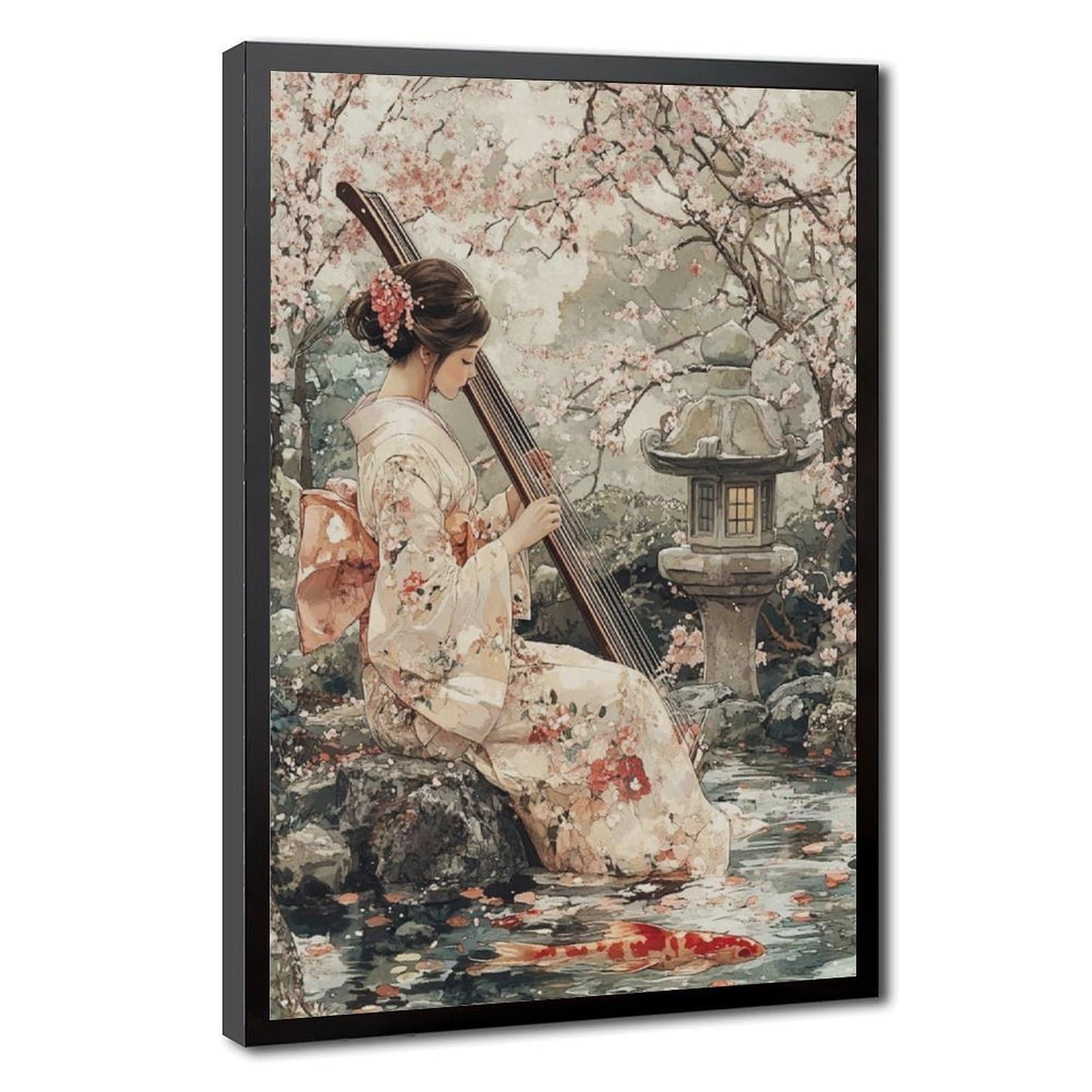 Lxwnze Black Frame-Style Japanese Cherry Blossom Garden Scene Canvas Poster For Dorm Room Decor Gift