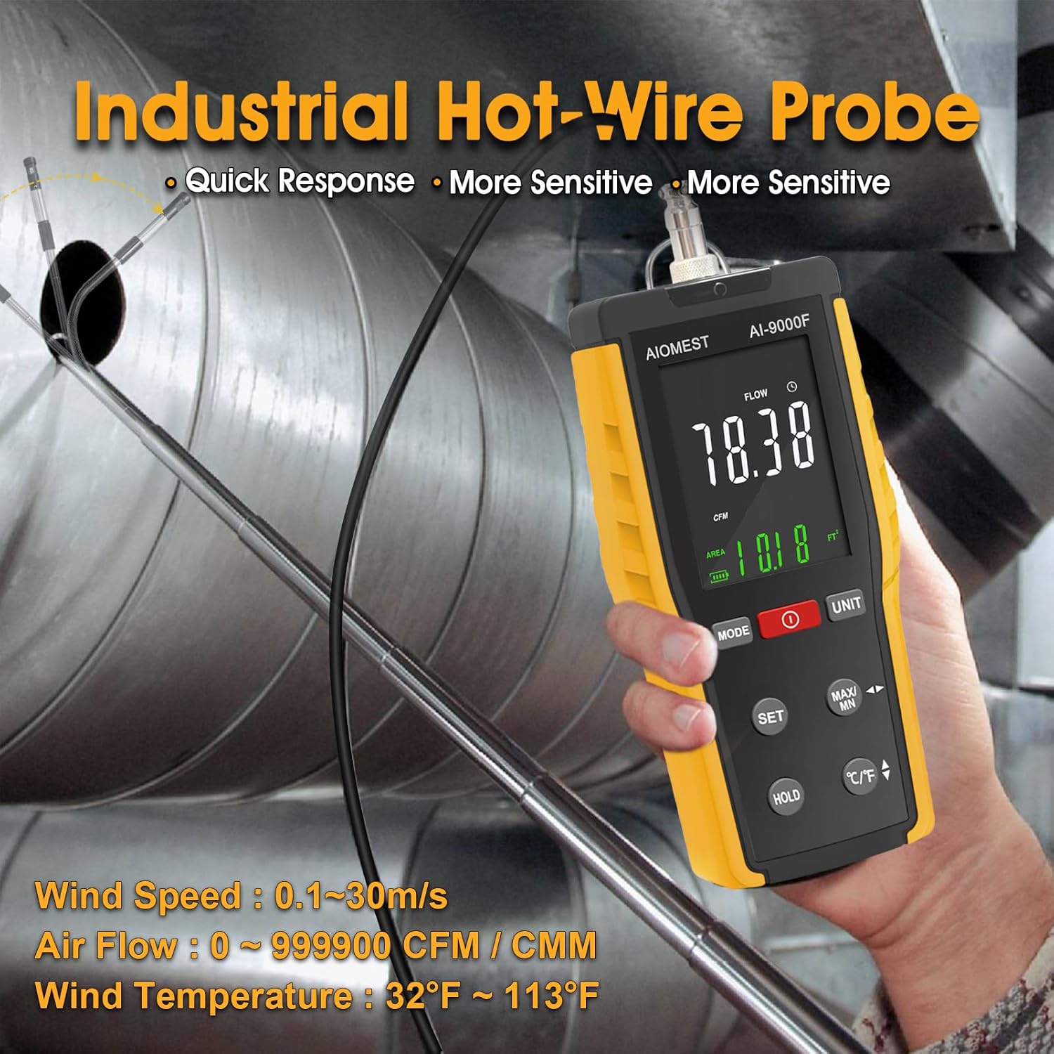 User operating the AIOMEST AI-9000F Hot-Wire Anemometer, inserting the probe into an HVAC vent, showing the 3-inch backlit screen.