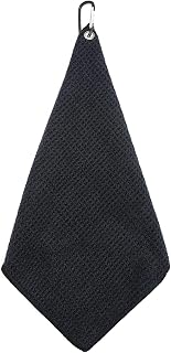 Quacc Premium Microfiber Golf Towel with Carabiner Clip - Absorbent Waffle Pattern for Clubs, Balls, Putters & Bag (Black, 11.8x11.8")
