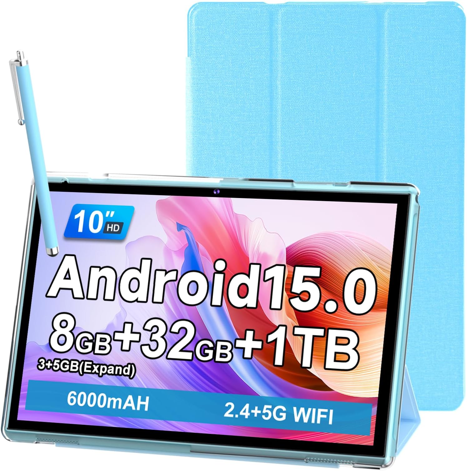 10 Inch Tablet With Case Stylus, Android 15 Tablets 8GB RAM 32GB ROM Support 1TB Expand, 10.1 IN Tableta Includes Tablet Protective Cover Dual Camera 5G WiFi-6, 6000mAh Battery 10" Android Tablet.