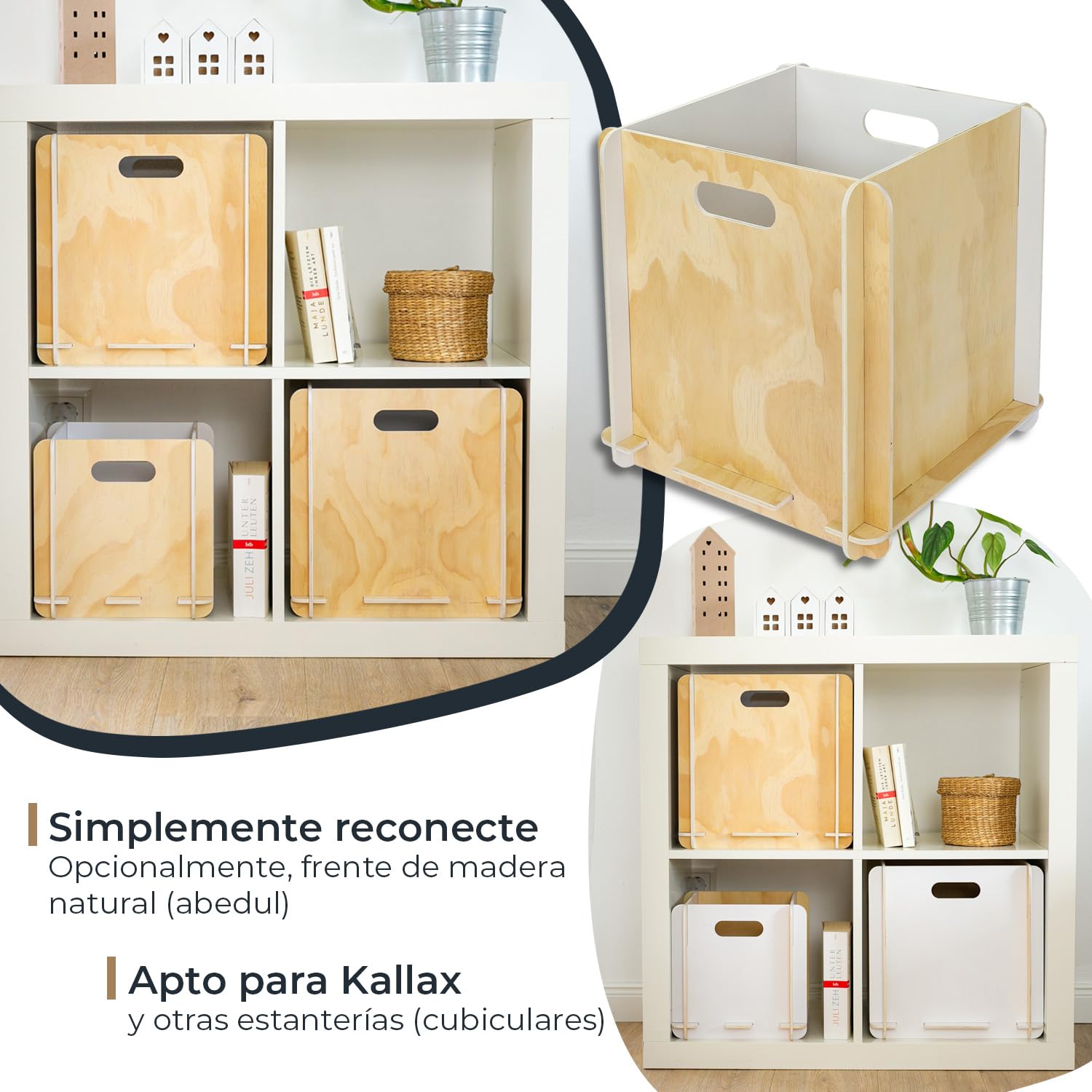 HMF Caja de almacenamiento de madera para encajar | Juego de 4 | Apto para Kallax | 32 x 32 x 32 cm | Blanco