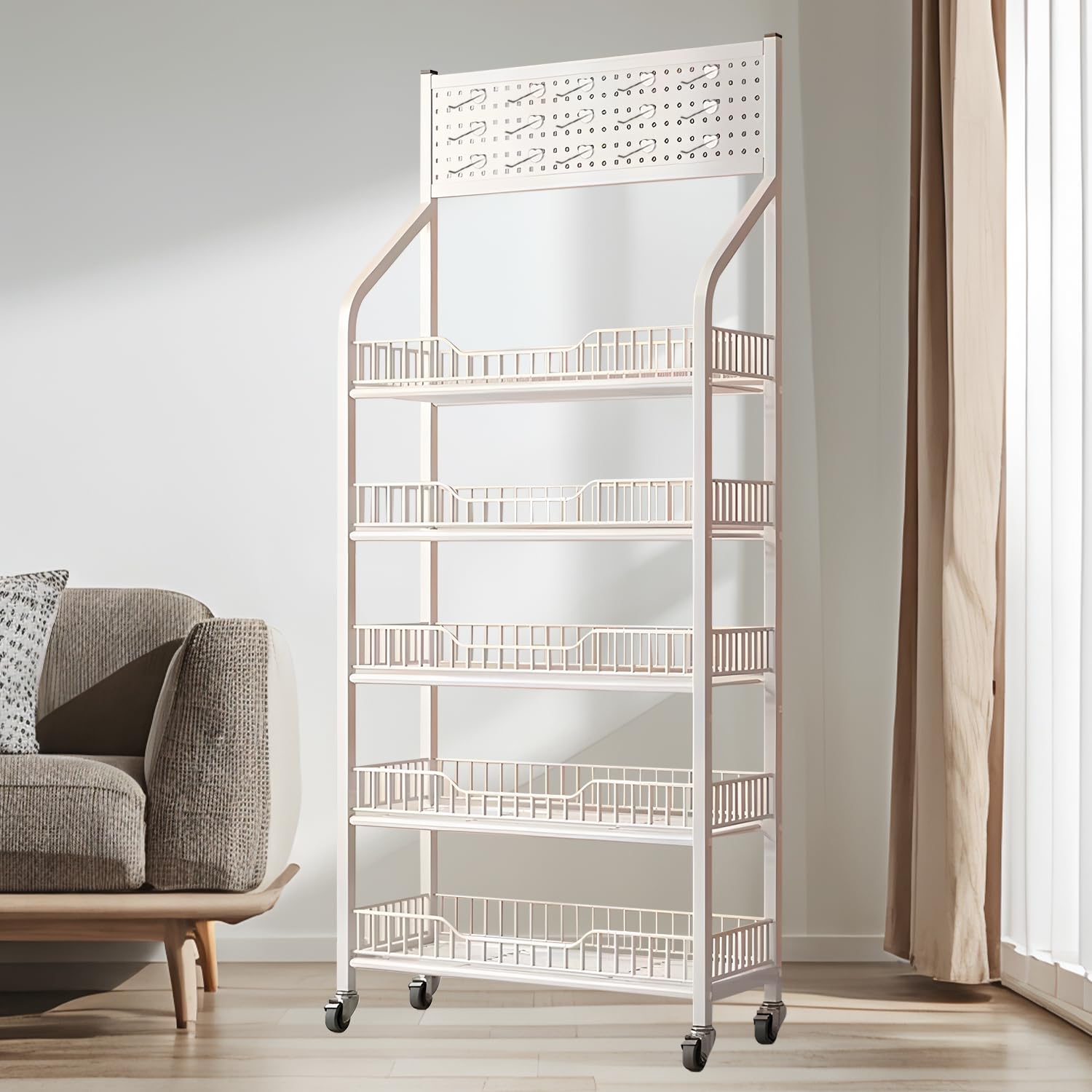 AYCDL Adjustable Retail Display with Hooks and Wheels for Easy Organization in Snack, Kitchen, and Supermarket Settings,White-5 Tier