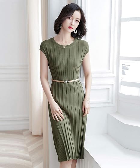 Amazon Saison De Papillonワンピース サマー サマーニット リブ リブワンピース リブ切替 ランダム デザイン 半袖 薄手 クルーネック ミディ丈 ひざ丈 Aライン フレアワンピース レディース デート お呼ばれ パーティー 通勤 Ol オフィス きれいめ シンプル