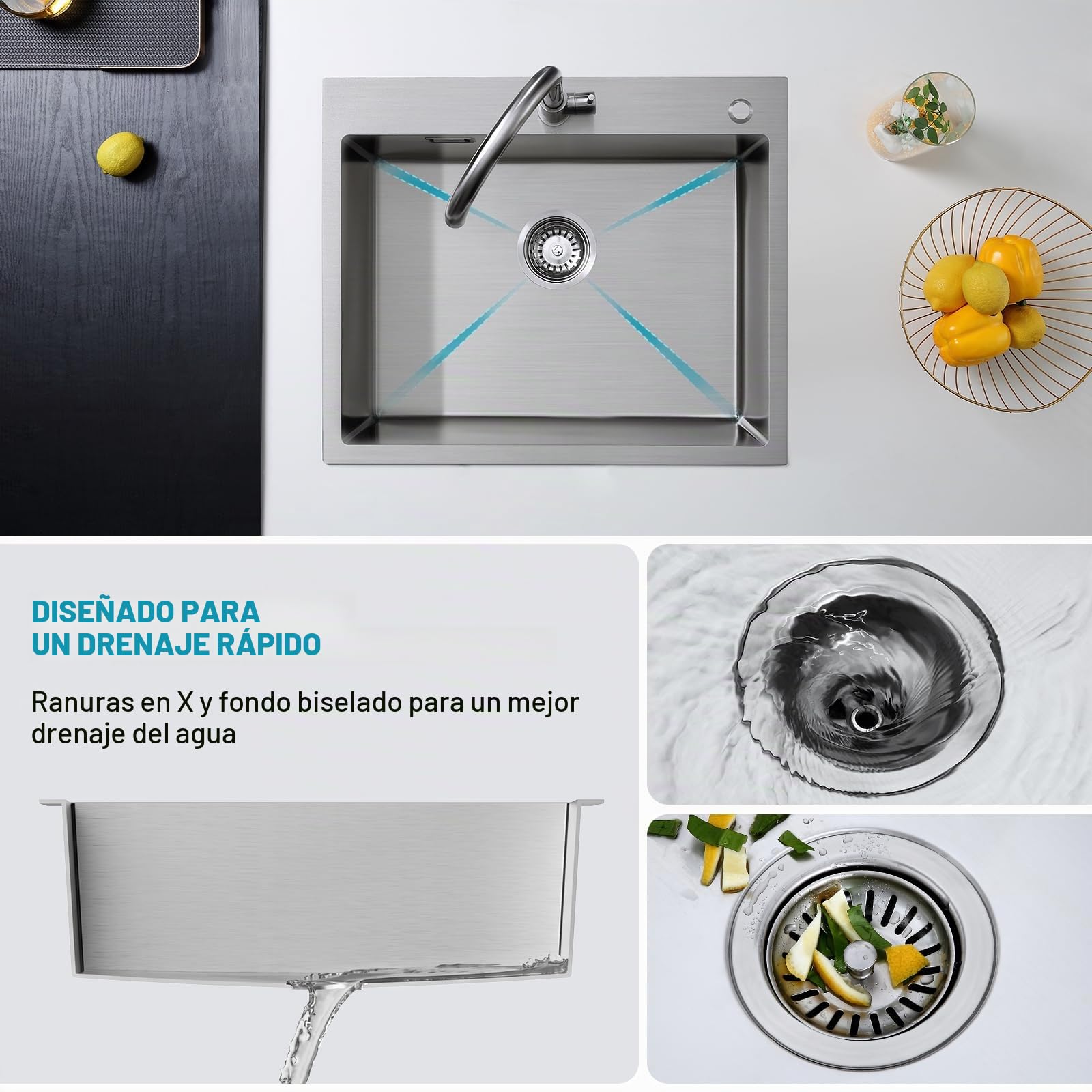 Fregadero de cocina de acero inoxidable 304 hecho a mano, 60 x 50 x 19 cm, con escurridor, 1 tazón, plateado cepillado satinado
