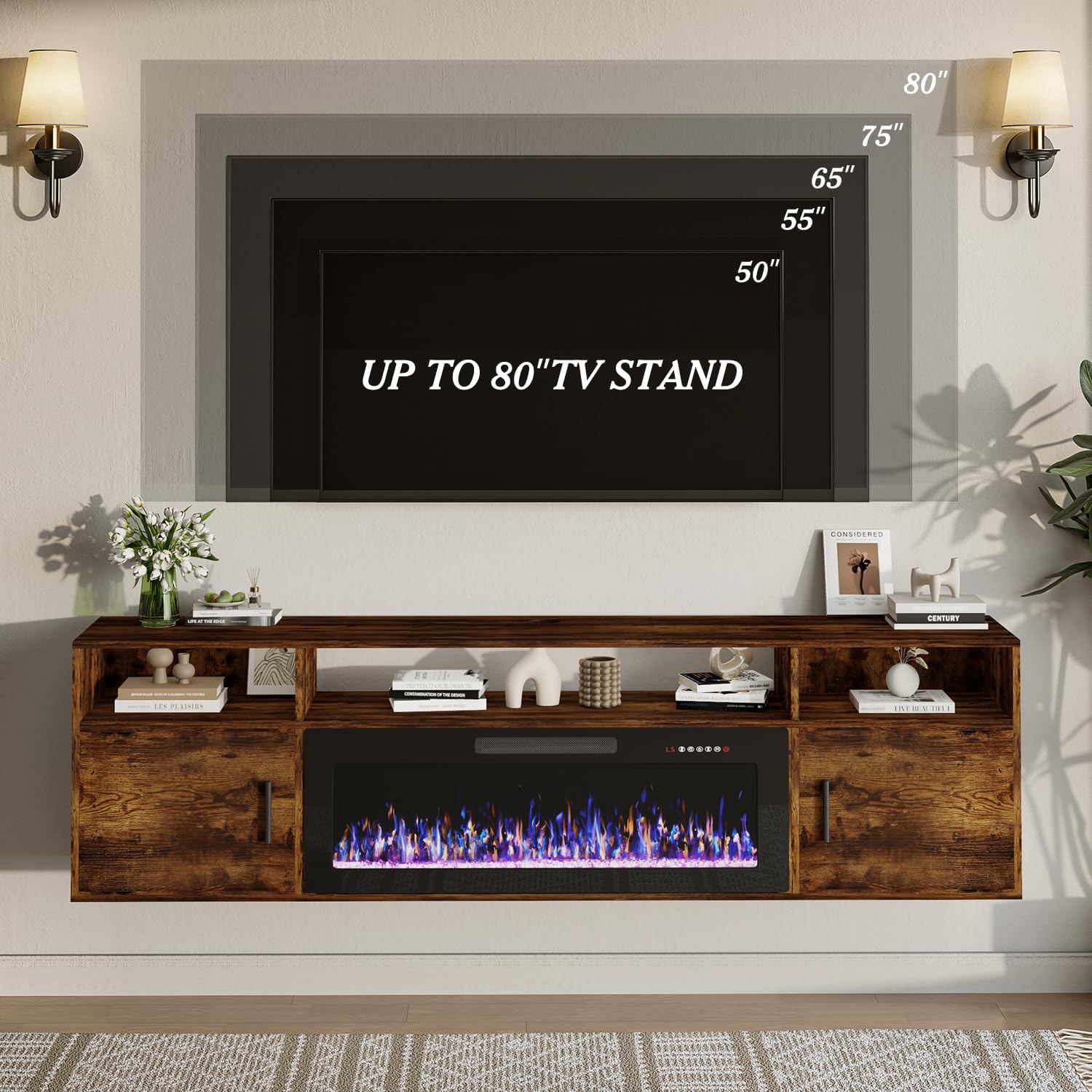 TAVATA 70" Floating Fireplace TV Stand with 36" Fireplace - Wall Mounted Entertainment Center with LED Lights & Storage Cabinet, Modern Media Console for Living Room, Supports TVs up to 80" (Brown)
