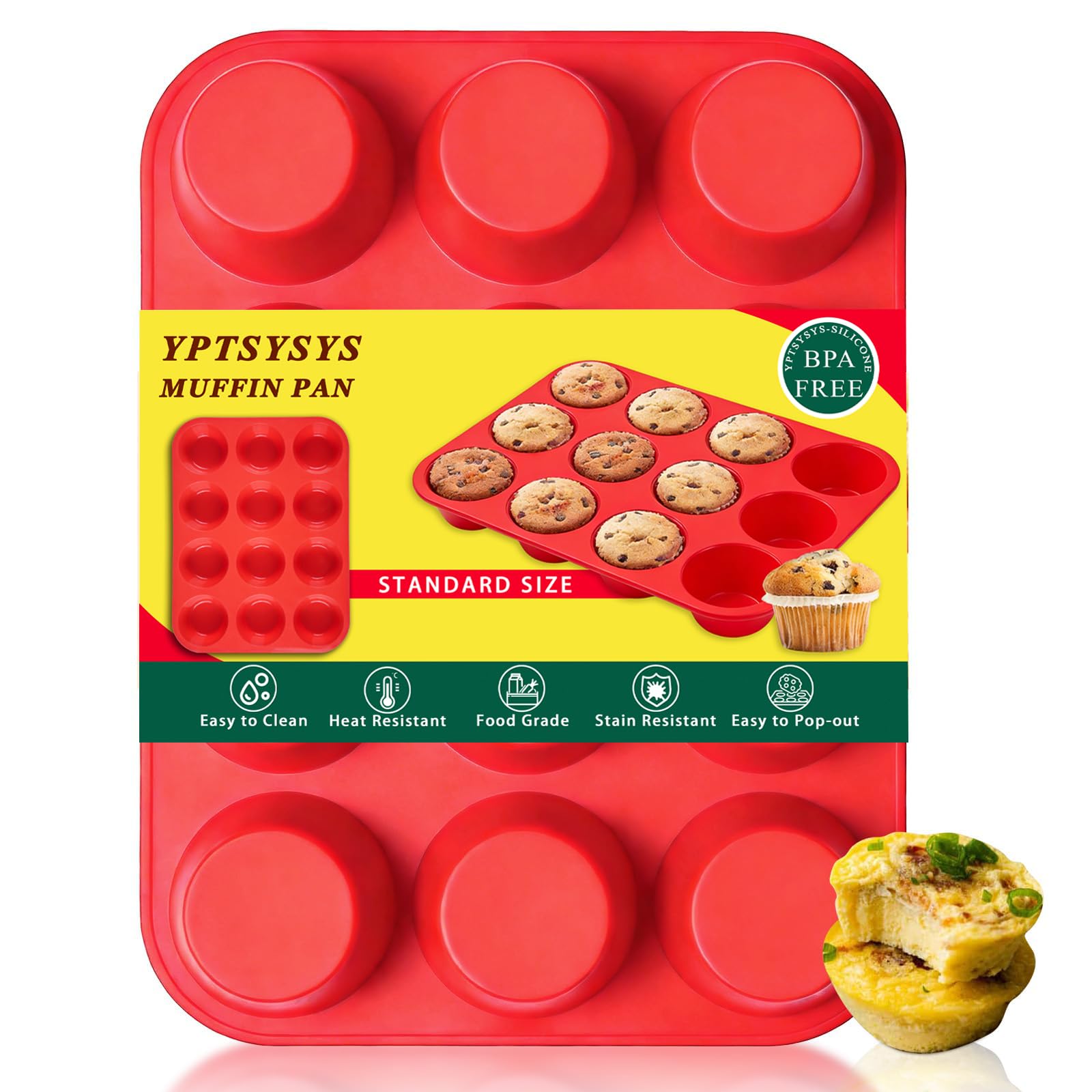 YPTSYSYS Silicon Muffin Tray, 12 Cups - Non Stick Baking Trays for Cupcakes & Brownies - (22x29.5cm) Red Baking Moulds for Muffin,BPA Free & Dishwasher Safe