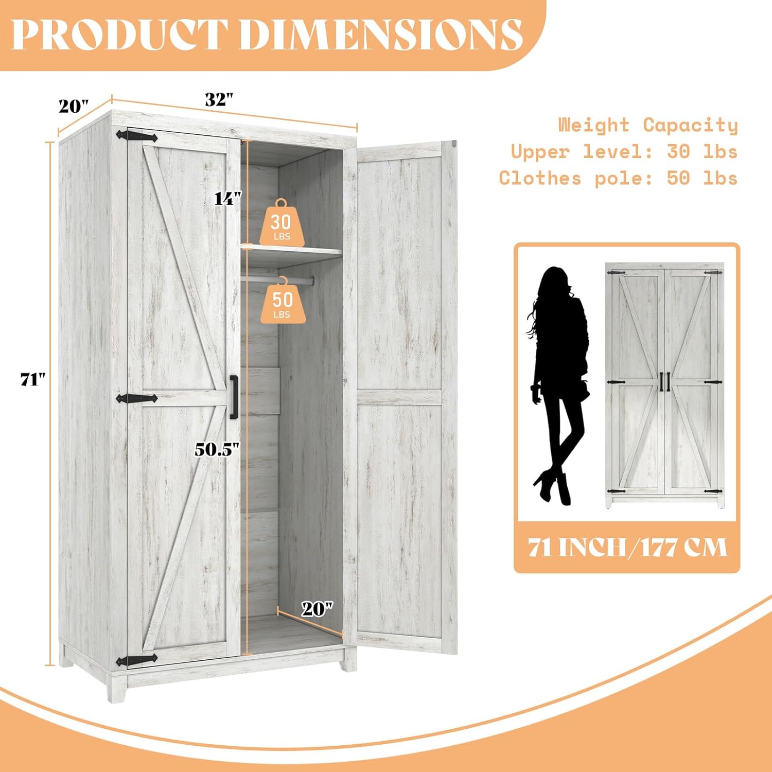 AMERLIFE Farmhouse Armoire Wardrobe Closet with 2 Barn Doors, 71'' Storage Cabinet with Hanging Rod & Shelf, Versatile Clothing Storage for Bedroom, White