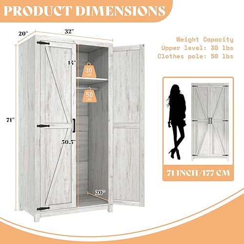 Miniatura 2 de Armario grande de 70" con barra para colgar, armario de ropa estilo granja con 2 puertas estilo granero, armarios altos de madera para dormitorio