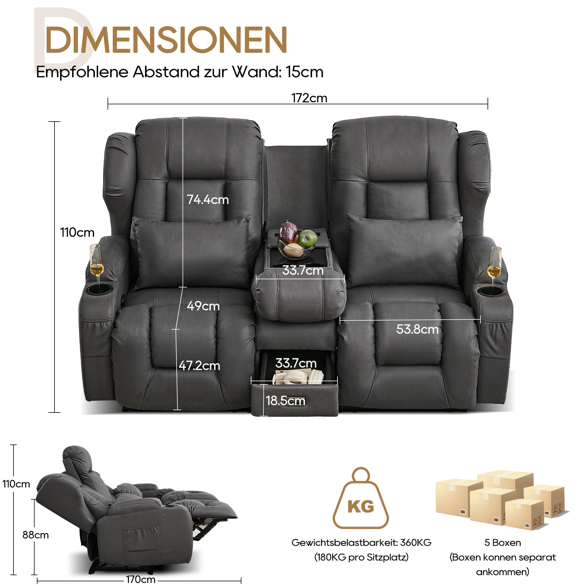 2er Relaxsessel mit Liegefunktion, Zweisitzer Fernsehsessel 2 Sitzer TV Sessel mit Konsole, Manuell Verstellbar Doppel Kinosessel bis 360 kg (Grau)