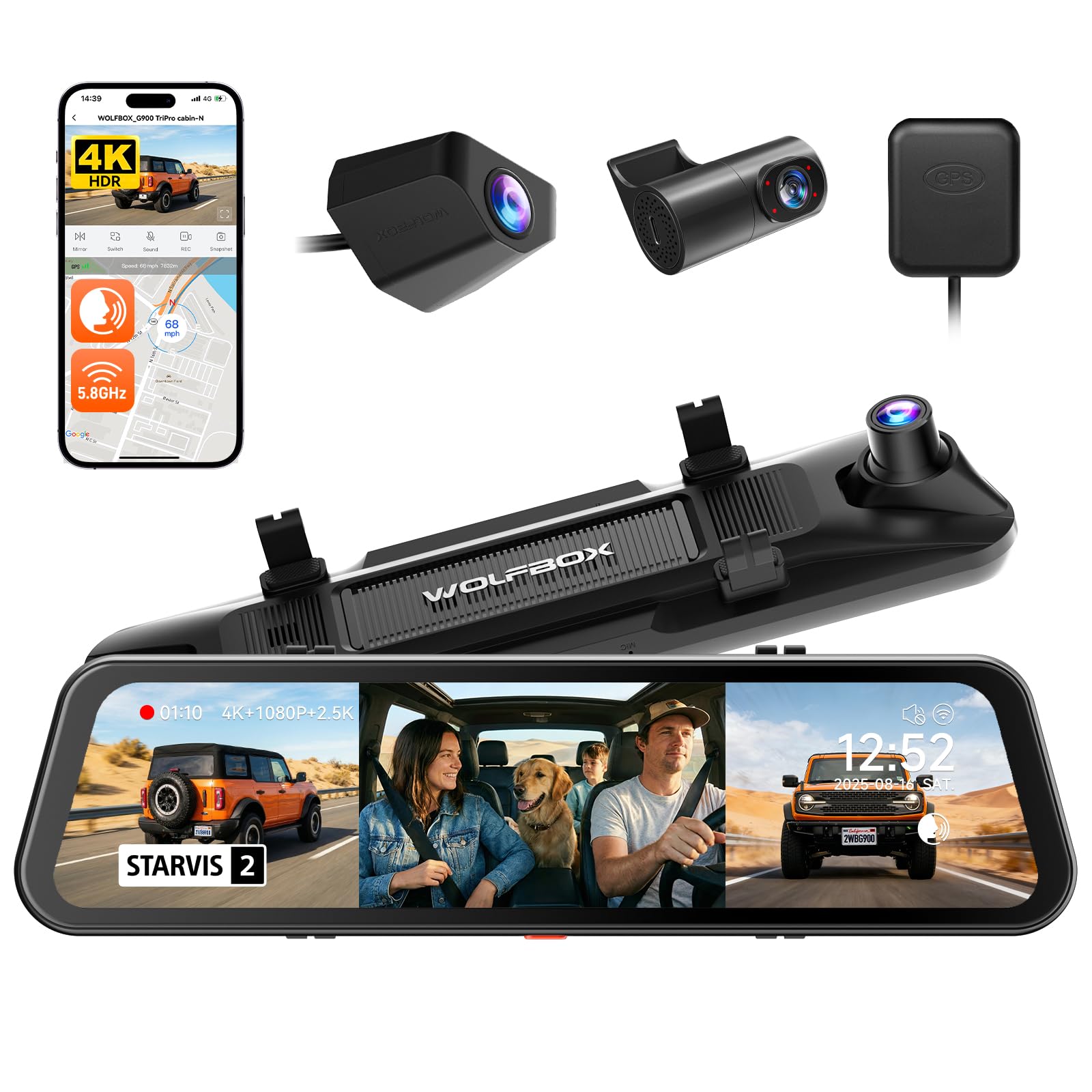 WOLFBOX G900 Tripro Cabin-N 3 Channel 4K Mirror Dash Cam,8MP STARVIS IMX678