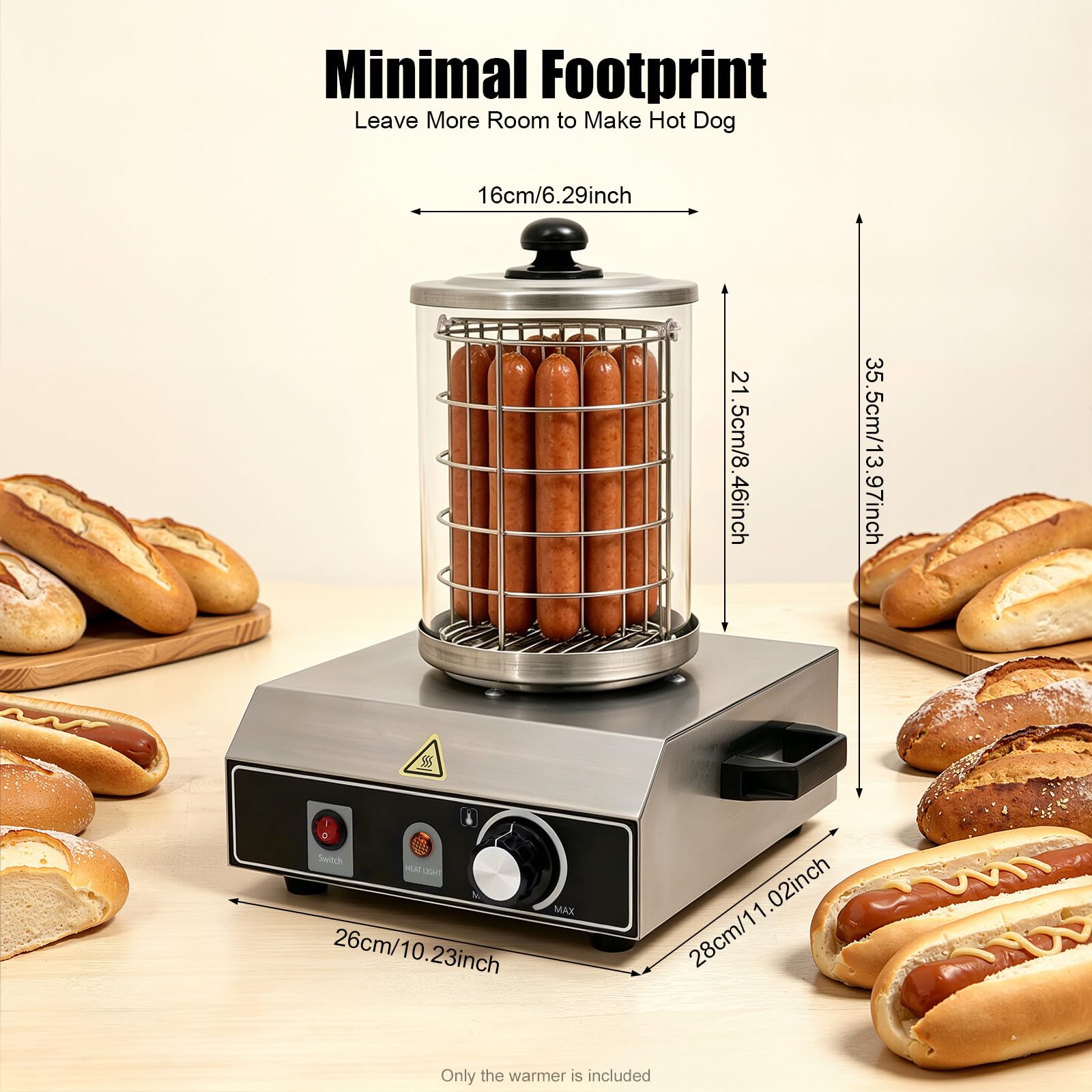 Würstchenwärmer, 350W Hot Dog Maker Temperaturbereich 0-85 °C Zylinderdurchmesser 16 cm Profi Würstchenkocher aus Edelstahl