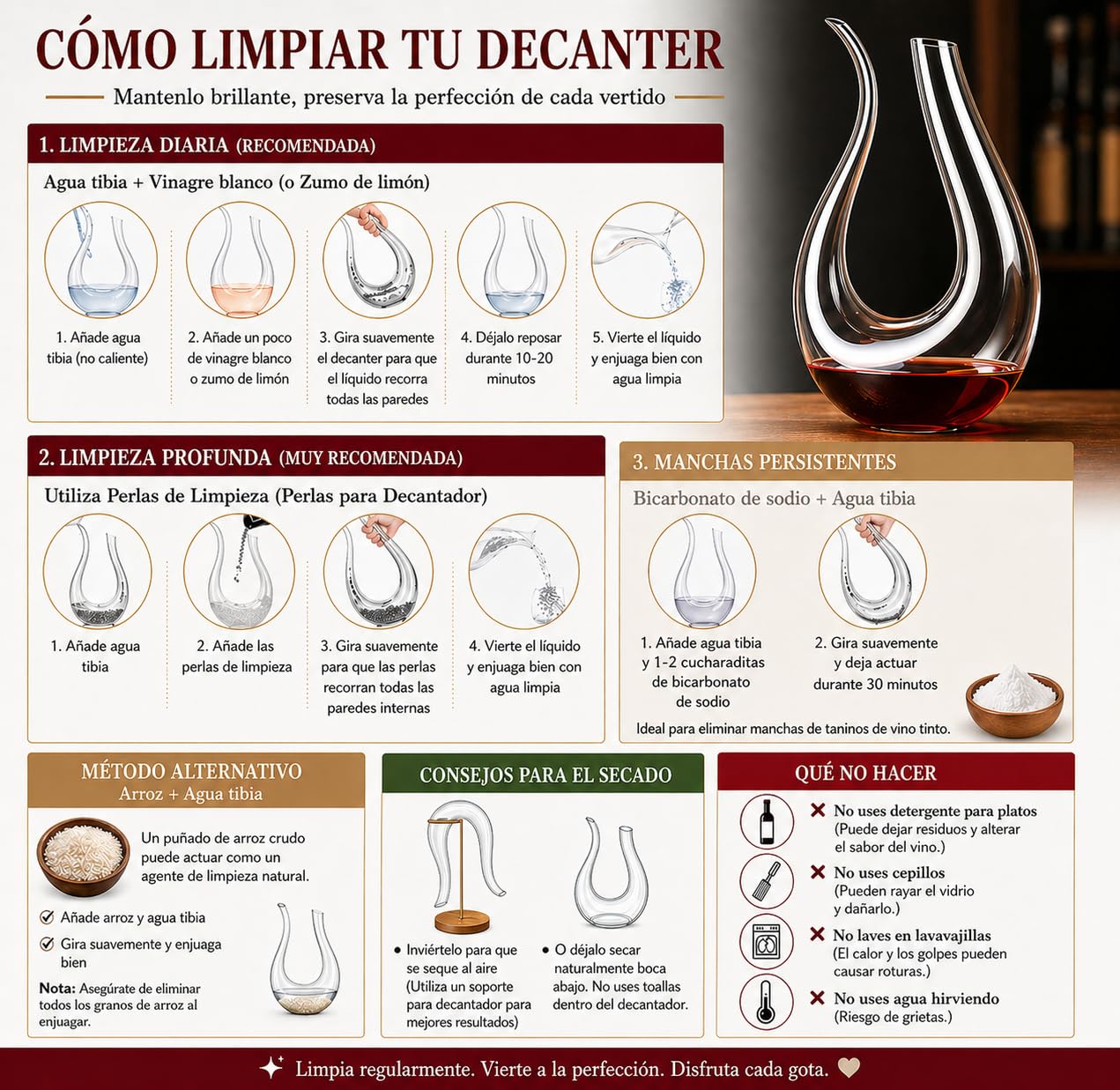 Decantador de vino, 100% sin plomo, en forma de U, hecho de cristal soplado a mano, 1,5 l