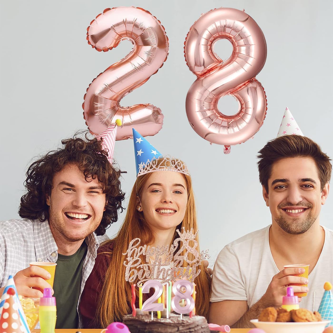 28th Birthday Decorations for Her Women, Including 28 year old Birthday Cake Topper, Queen Sash with Pearl Pin, Sweet Rhinestone Tiara Crown, Number Candles and Balloons Set, Rose Gold - Image 5