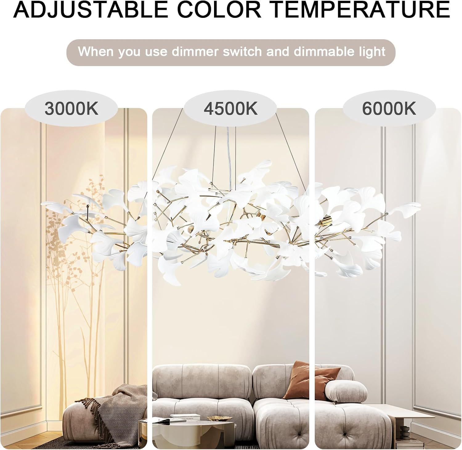 Modern Chandeliers for Dining Room - 47In White Rectangle Brass Large Chandeliers, Tree Branch Art Deco Mid Century Chandelier with Ginkgo Leaves, Farmhouse Chandelier for Living Room,Bedroom