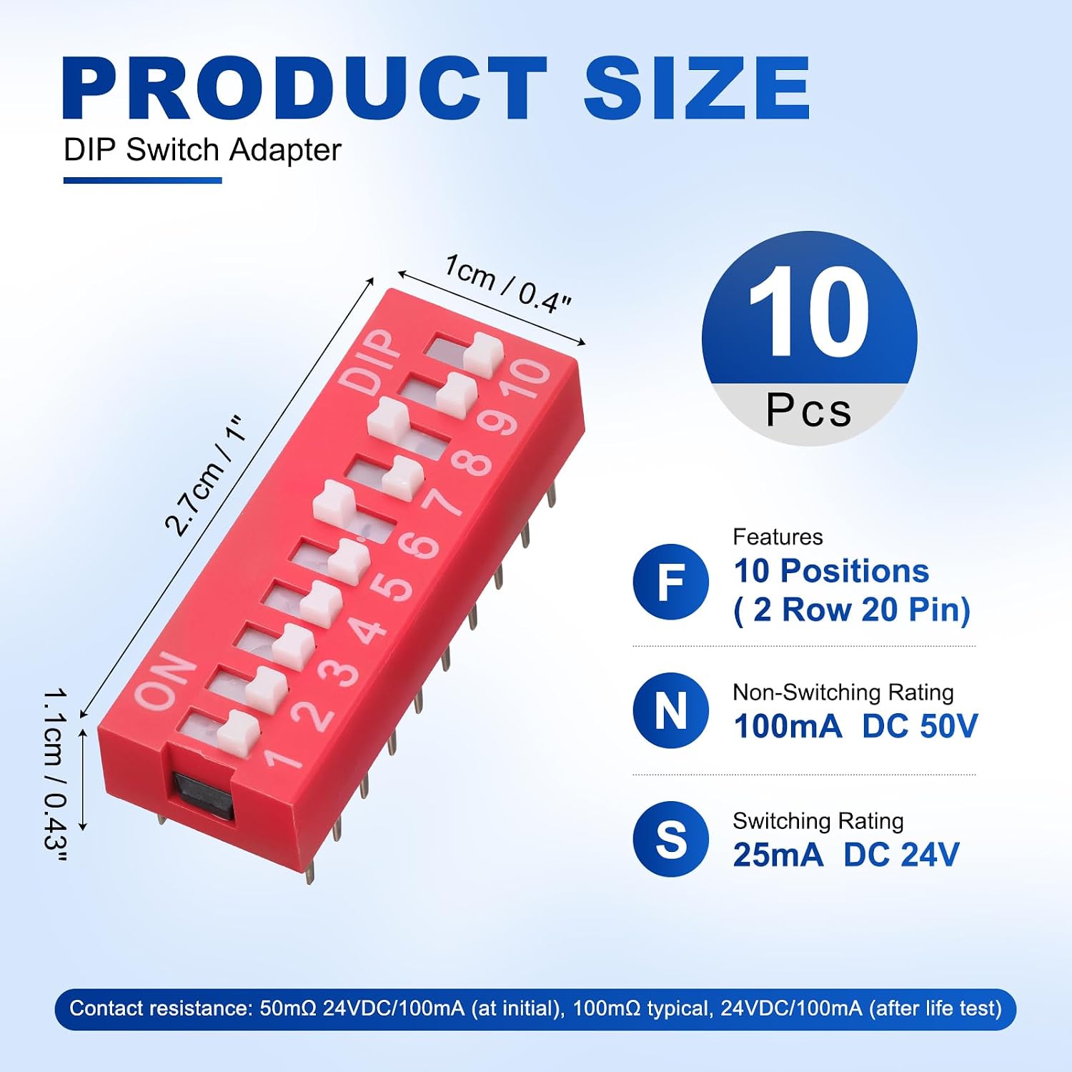 uxcell 10Piece 2.54mm Pitch 10 Position Slide Type DIP Switch Red