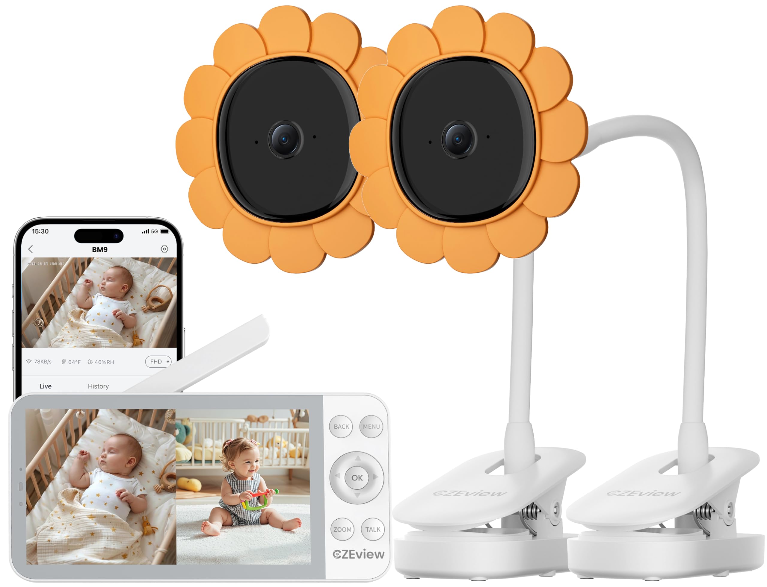 CZEview Babyphone con 2 cámaras y aplicación, Intercomunicador de bebé con Video de 5,5 Pulgadas con transmisión por móvil, visión Nocturna, Audio bidireccional, Detector de Movimiento