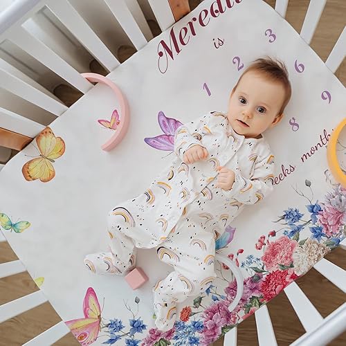 Miniatura 3 de Manta de hito mensual para bebé personalizada con nombre, manta de bebé personalizada con diseño de mariposa con tabla de crecimiento calendario