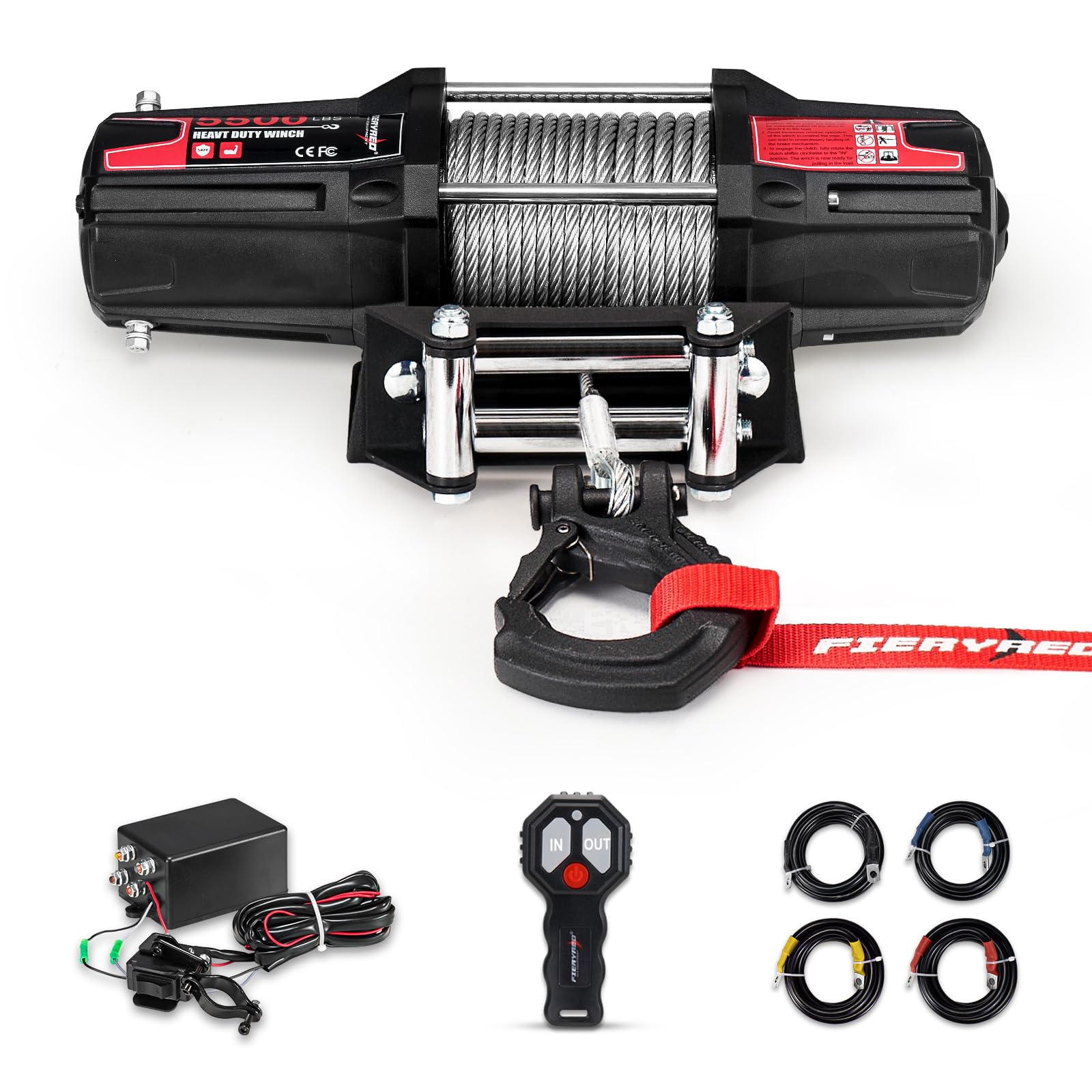 FieryRed ATV/UTV Winch 12V 5500 lb Electric Winch with Steel Cable, with Wireless Remote Control Hawse Aluminium Fairlead & Mounting Bracket, Waterproof IP67