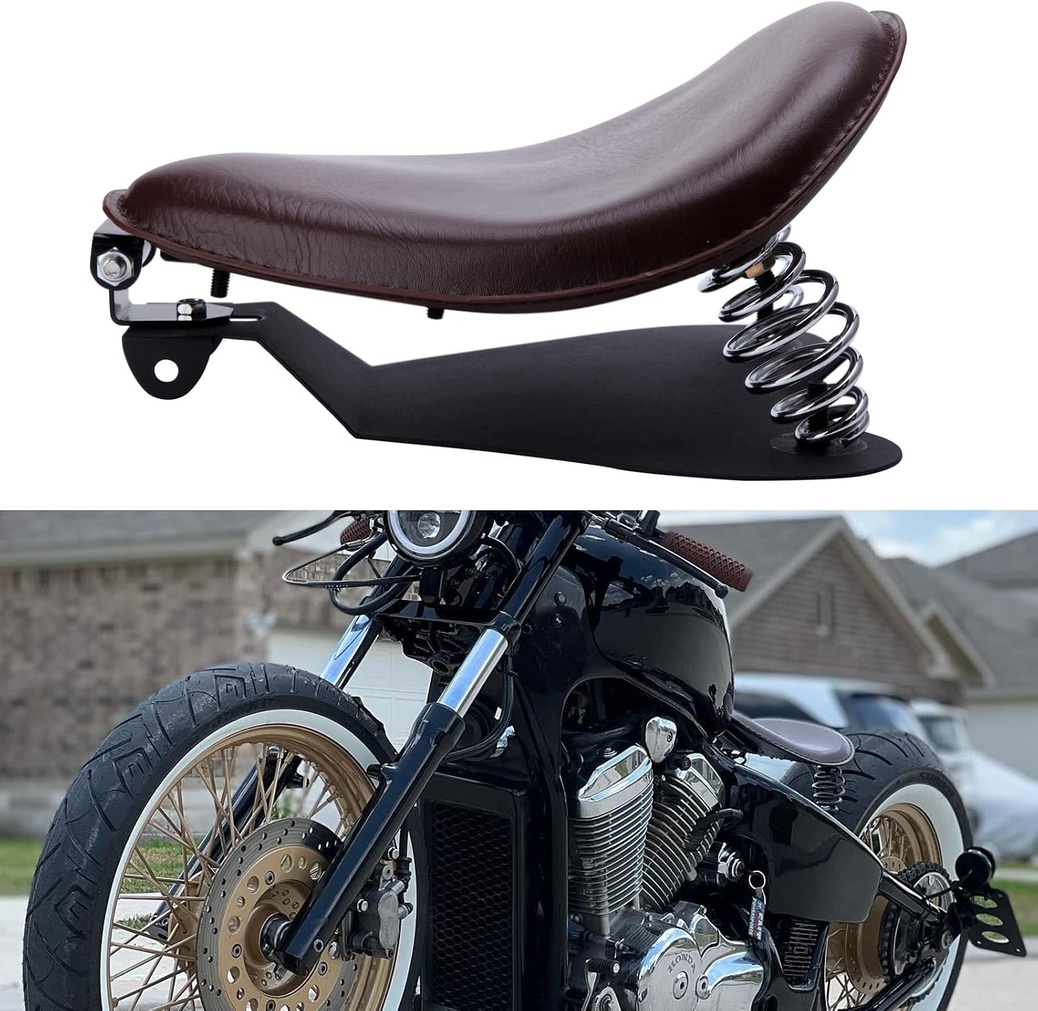 Custom Brown Motorcycle Leather Solo Seat with Spring Baseplate for Sportster XL 1200 883 48 Chopper Bobber Dyna Low