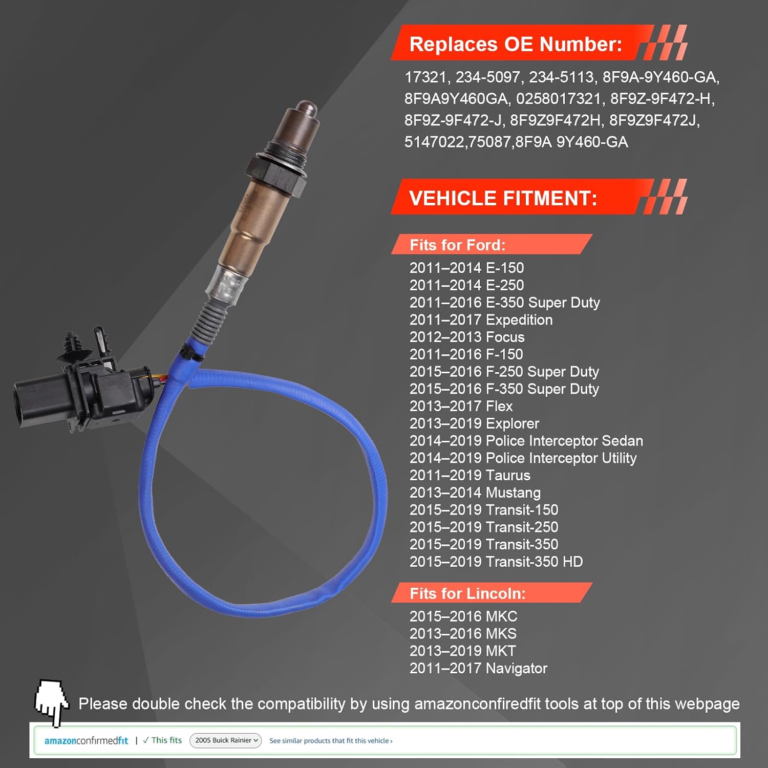 Oxygen Sensor Replacement for 17321, Upstream O2 Sensor, Heated 6-Wire, Direct Fit OEM Replacement for Ford F-150/Explorer/Expedition/Transit 150 250 350/Taurus/Mustang, Lincoln Navigator/MKC/MKS/MKT
