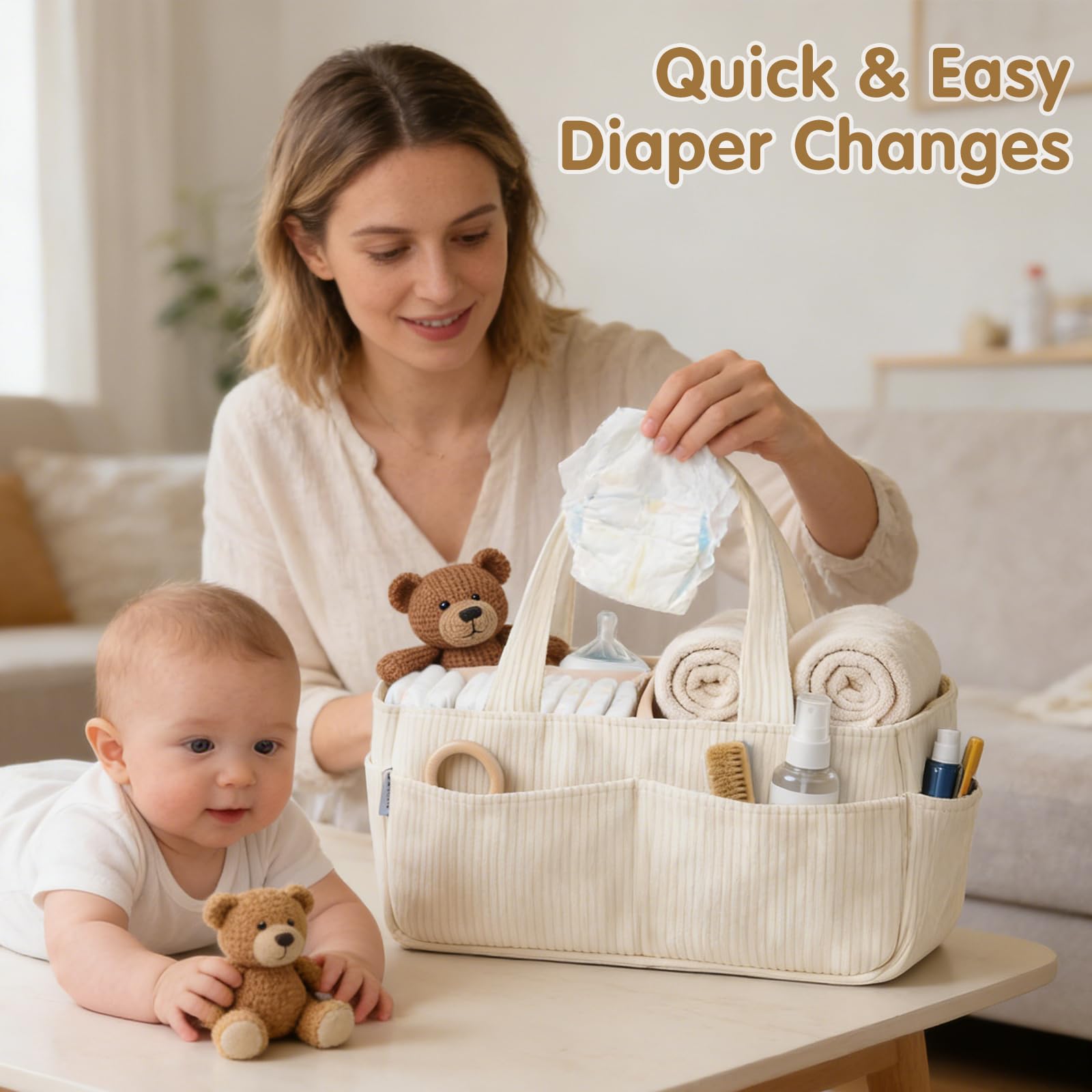 Panier de Rangement Bébé, Organiseur de Couches pour Table à Langer Bebe, Panier Portable de Rangement pour Couches et Lingettes pour Bébé, Cadeau pour Fête Prénatale et Naissance (Beige)