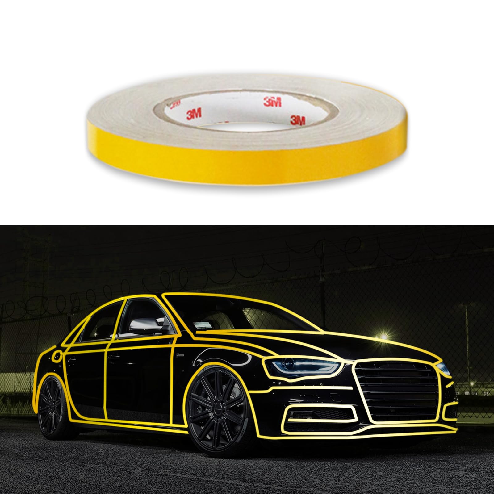 Photo 1 of 1 PC Car Reflective Strips Stickers for Body, 0.39In x 16.4Ft Safety Warning Stickers, Self-Adhesive Night Visibility Thin Reflective Tape for Cars, Bicycles, Motorcycle Decoration (Yellow) 0.39In x 16.4Ft Yellow