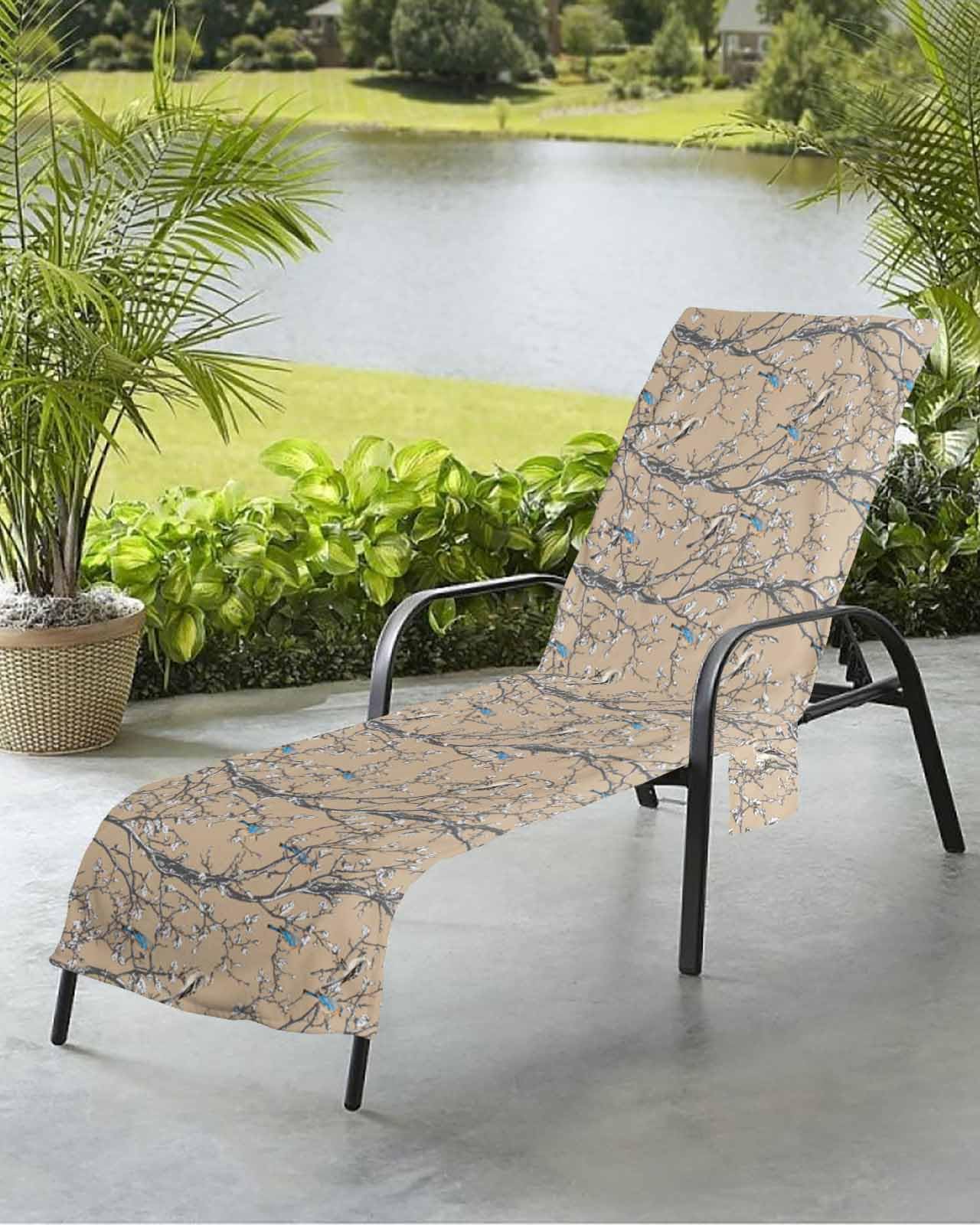 Blossom Bird Beach Chair Towel Covers for Chaise Lounge with Side Pocket, Soft Plush Pool Towels Cover for Patio Sunbathing Outdoor 29''x85'' Brown Tree Branch Watercolor Flower