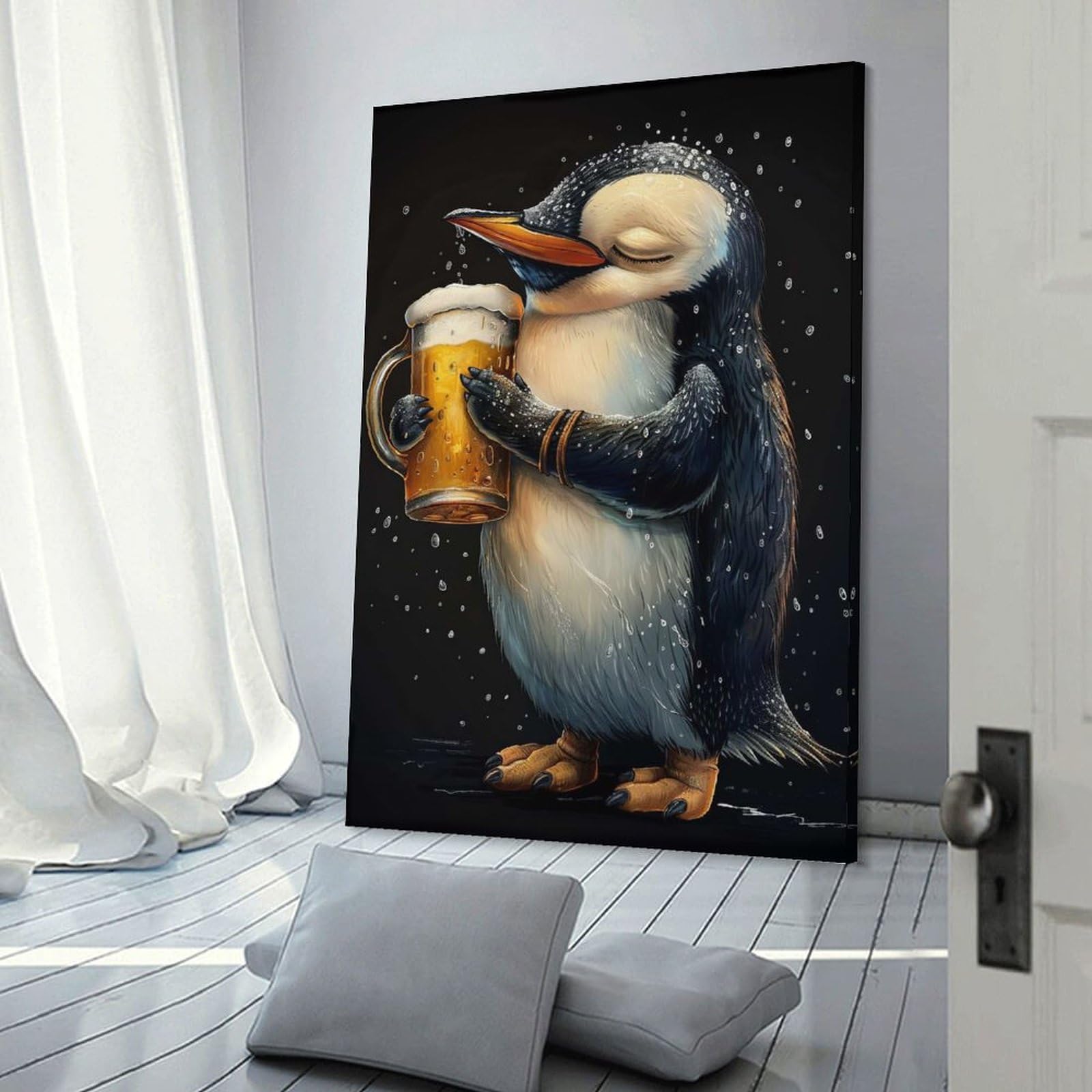 Junmoney Penguin Beer Decorative Wall Artwork, 20x30inch(50x75cm), for Work Areas, Reading Rooms Or Studios, Wall Art That Adds Style to Work Areas