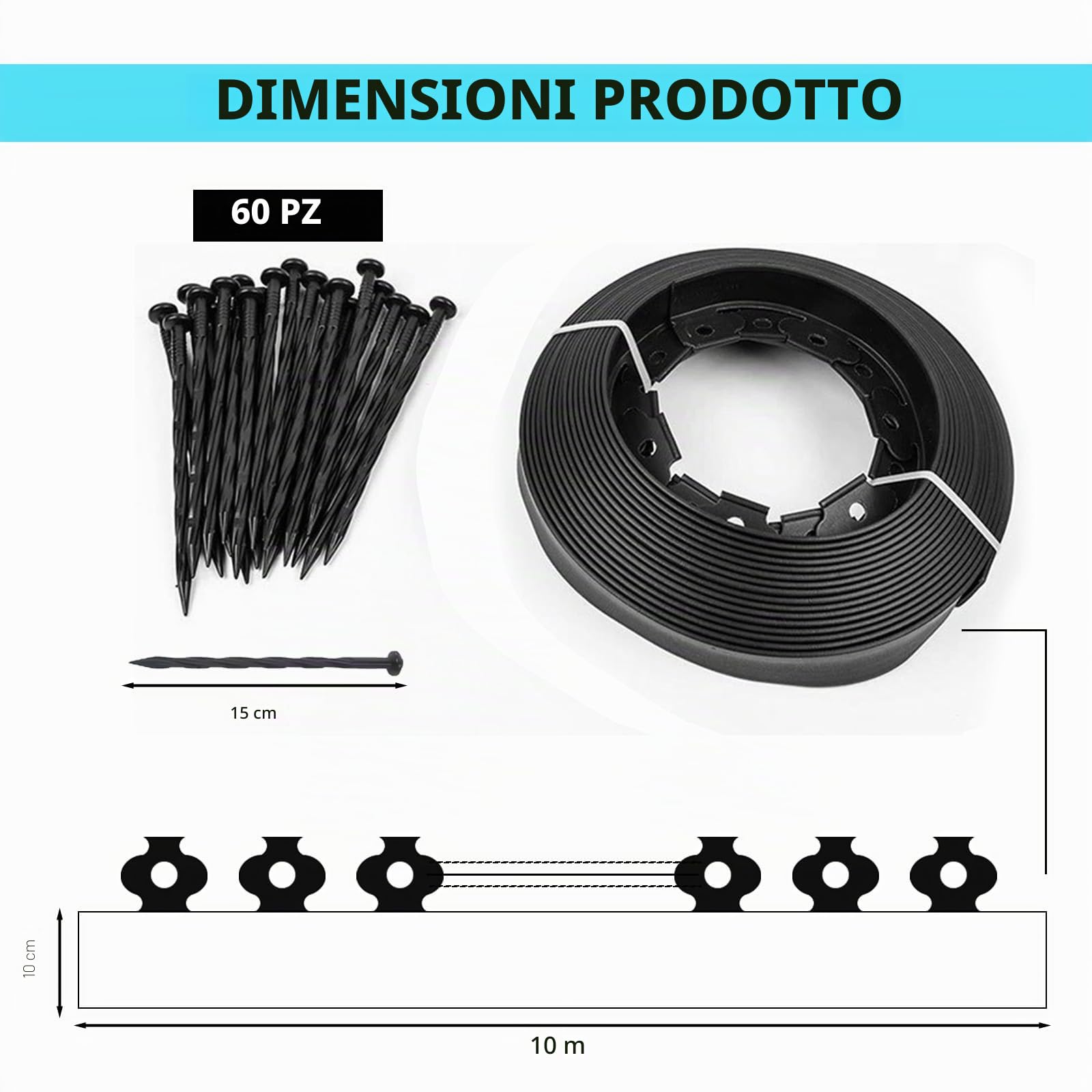 Bordo per Aiuole da Giardino 10 m con 60 Picchetti – Bordura per Prato in Plastica Flessibile, Altezza 10 cm – Separatore per Aiuole e Vialetti, Nero