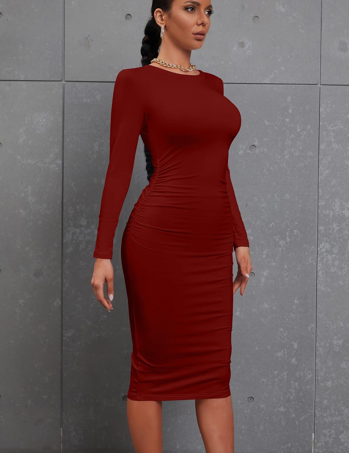 Kaximil Women's Sexy Bodycon Ruched Long Sleeve Basic Midi Club Party Pencil Dresses - Image 4